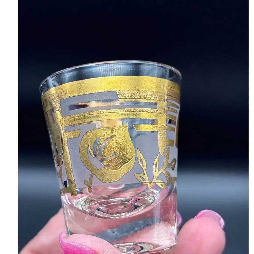 Hollywood Regency Gold Leaf Frosted Shot Glasses Set of Two Retro Bar Essentials